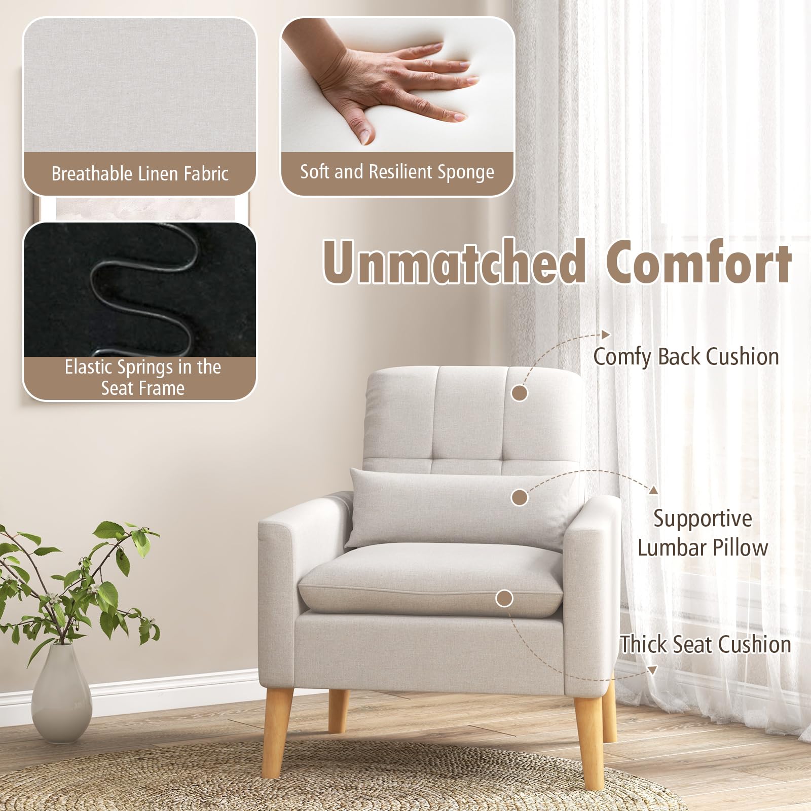 Giantex Modern Accent Chair, Mid-Century Linen Fabric Armchair