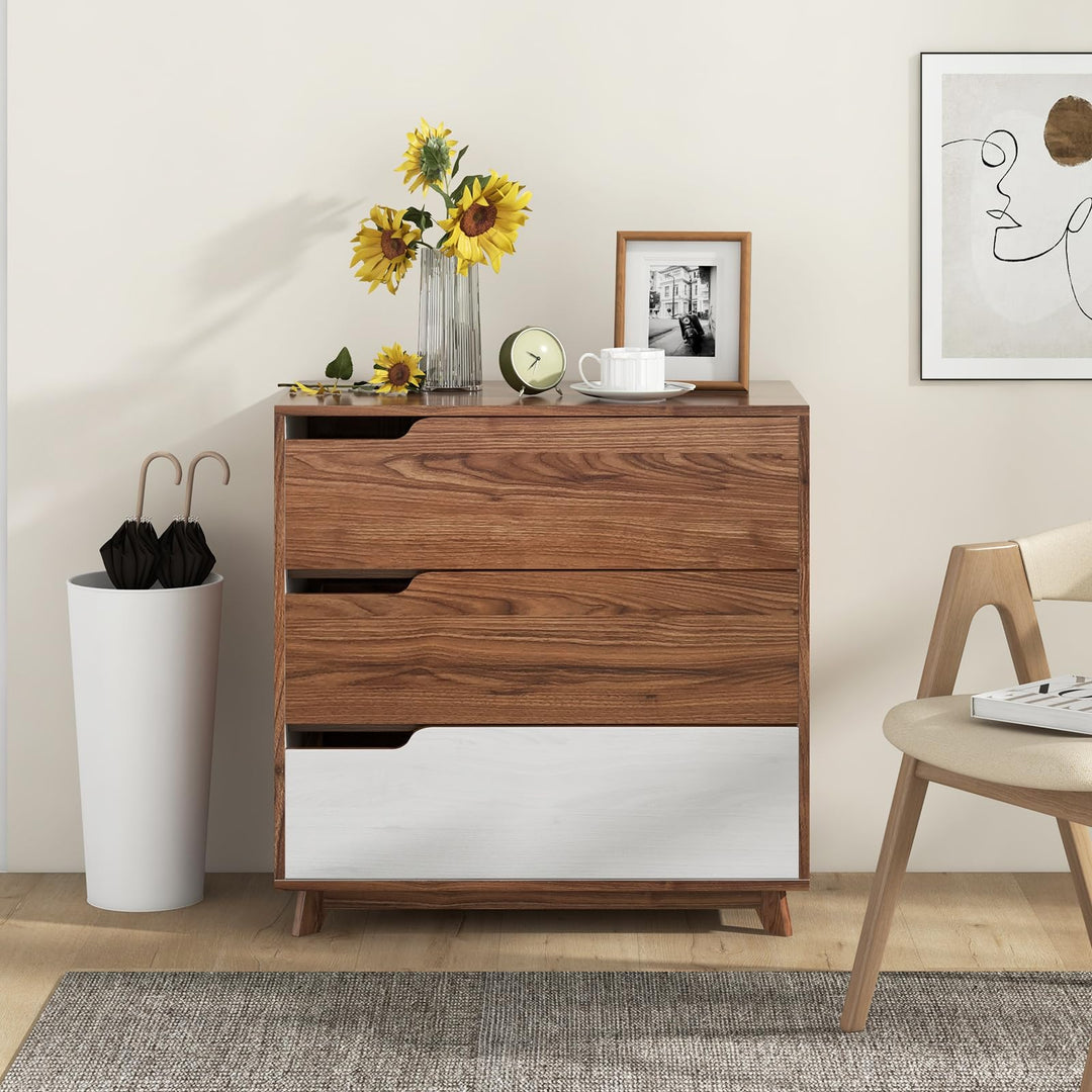 Giantex 3-Drawer Dresser for Bedroom - Small Chest of Drawers, Rustic Farmhouse Storage Cabinet, Walnut & White