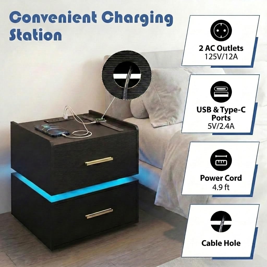 Giantex LED Night Stand with Charging Station &amp; 2 Storage Drawers (1/2)