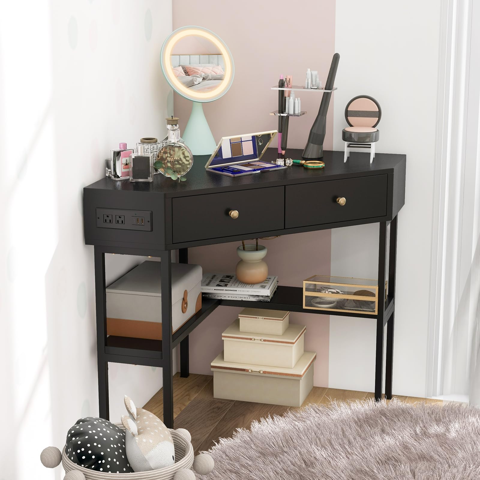Giantex Corner Desk with Charging Station, 90 Degree Triangle Computer Desk with 2 Drawers & Storage Shelf
