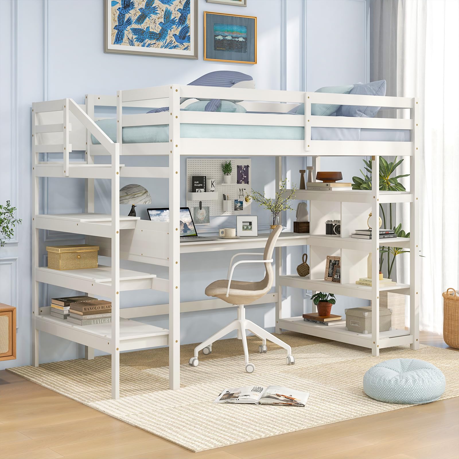 Giantex Twin Loft Bed with Desk and Stairs, Solid Wood High Loft Bed with 4-Tier Storage Shelves