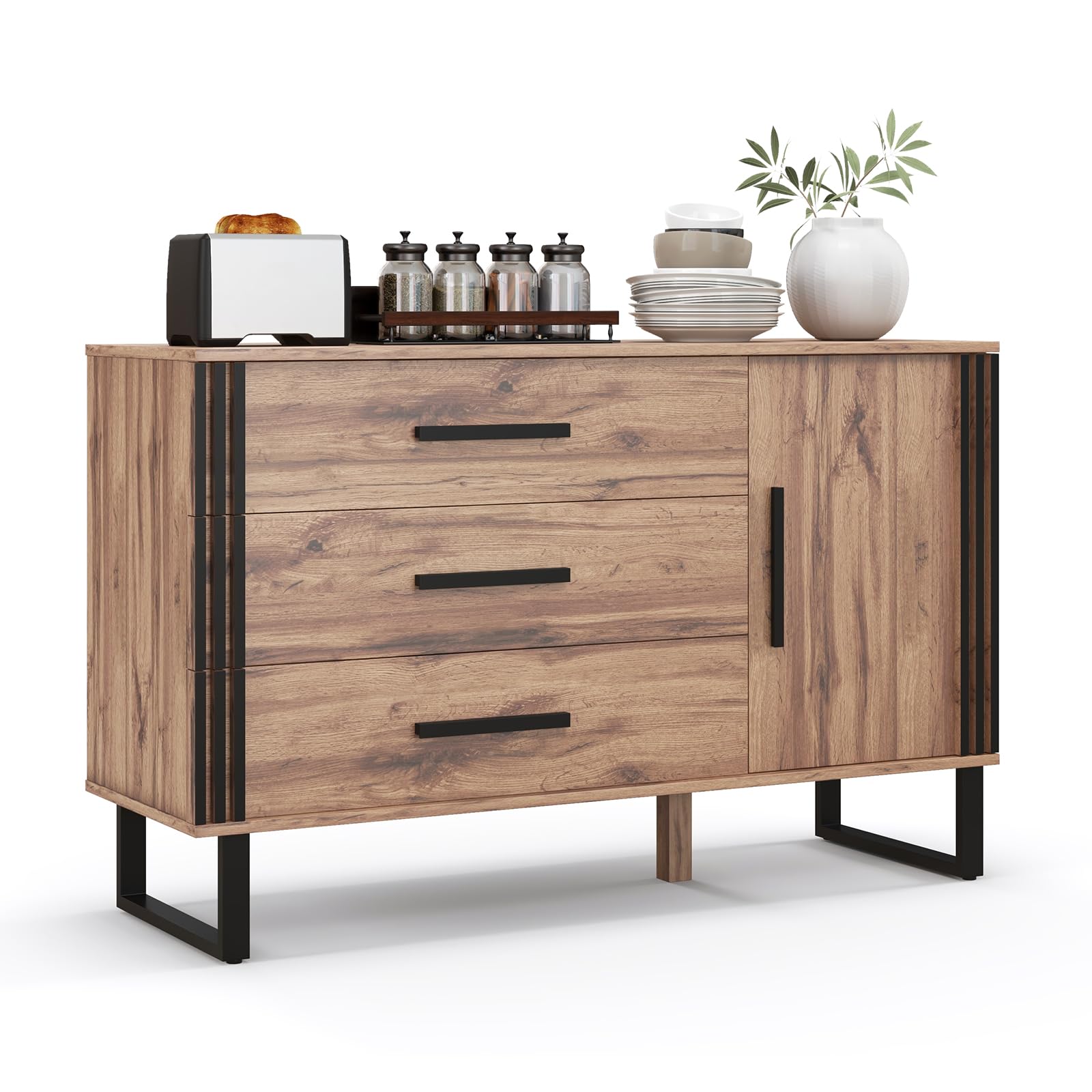 Giantex Buffet Cabinet with Storage, Kitchen Sideboard with 3 Large Drawers & 1-Door Storage Cabinet