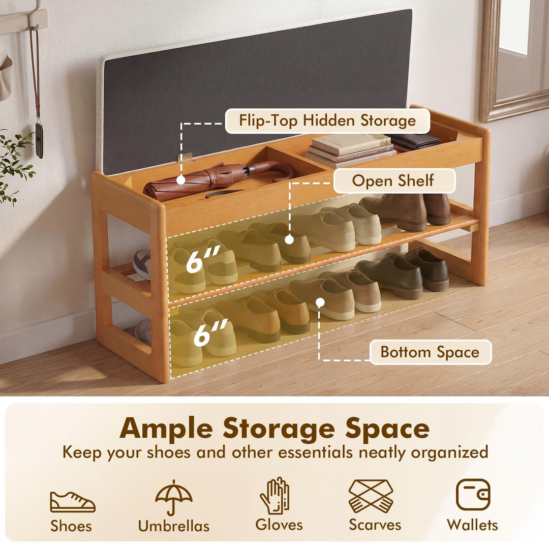 Giantex Rubberwood  Shoe Rack Bench with Linen Seat Cushion