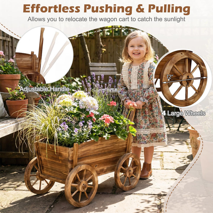 Giantex Wood Wagon Planter Rustic Rolling Flower Pot Stand