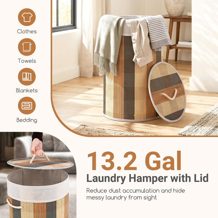 Giantex 13.2 Gal Round Bamboo Laundry Hamper with Lid