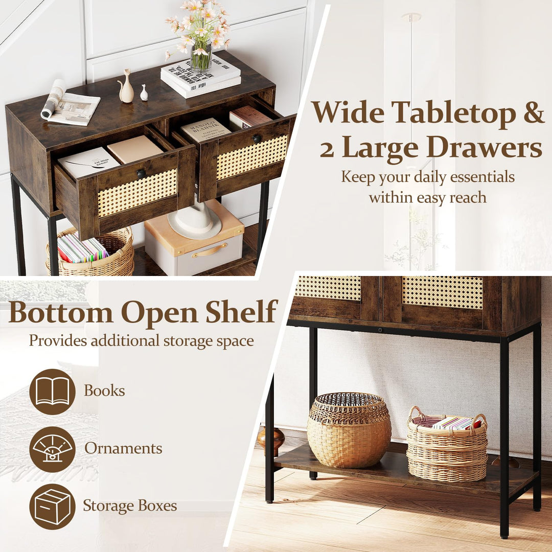 Giantex Rattan Console Table 32" Boho Entryway Table with 2 Drawers