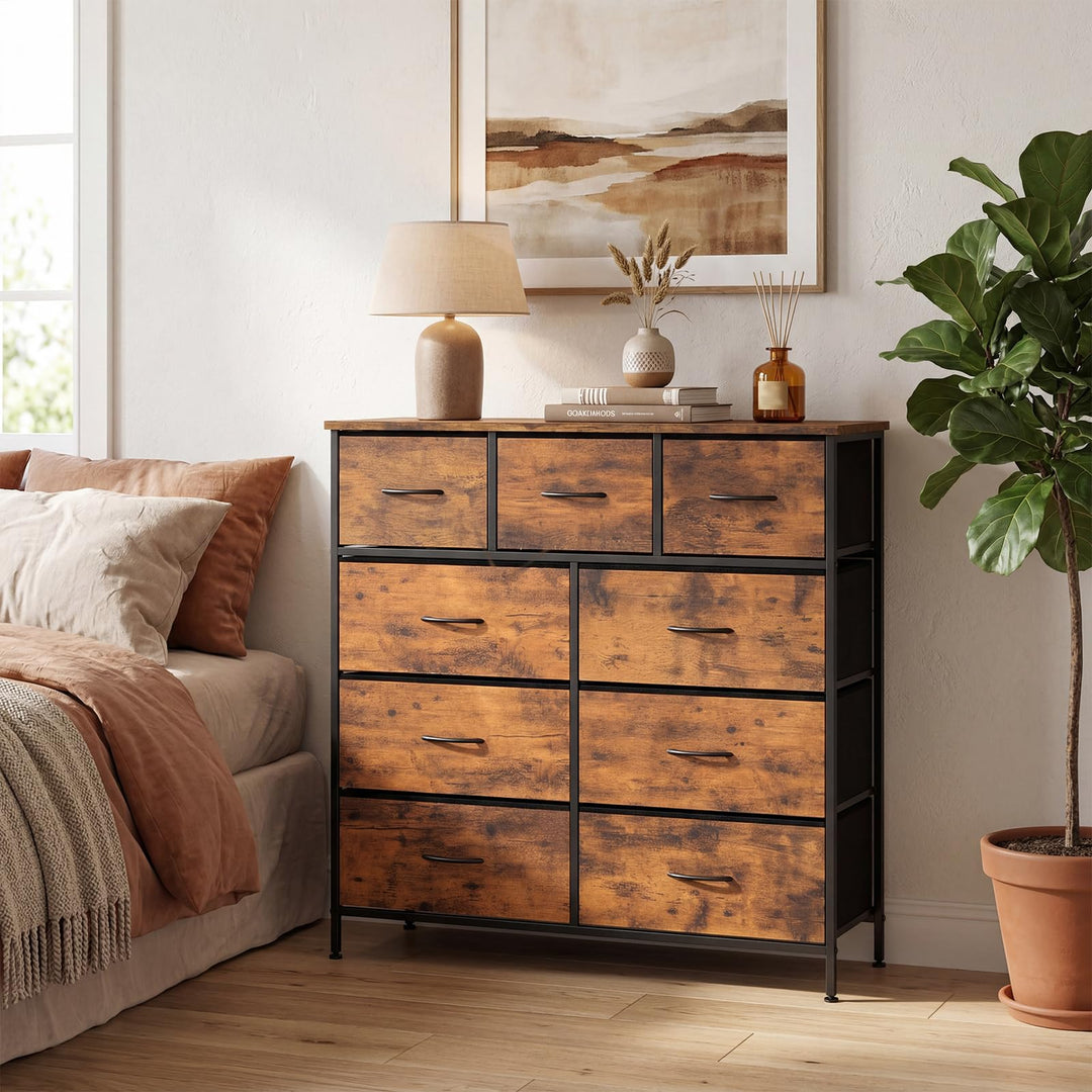 Giantex 9-Drawer Tall Fabric Storage Organizer Chest with Wooden Top &amp; Sturdy Metal Frame