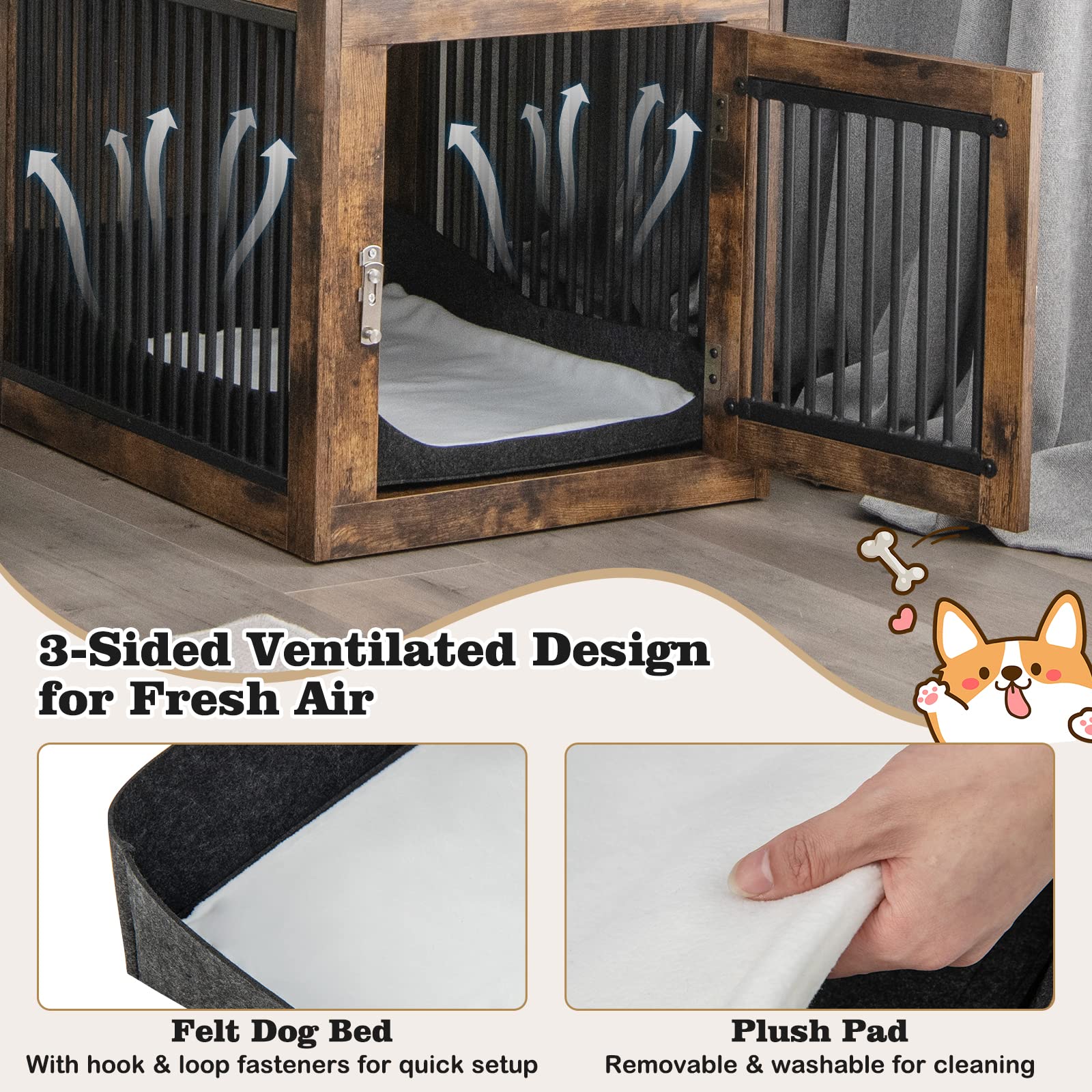 Giantex Dog Crate Furniture, Dog Kennel End Table with Chew-Proof Metal Fence, Lockable Door