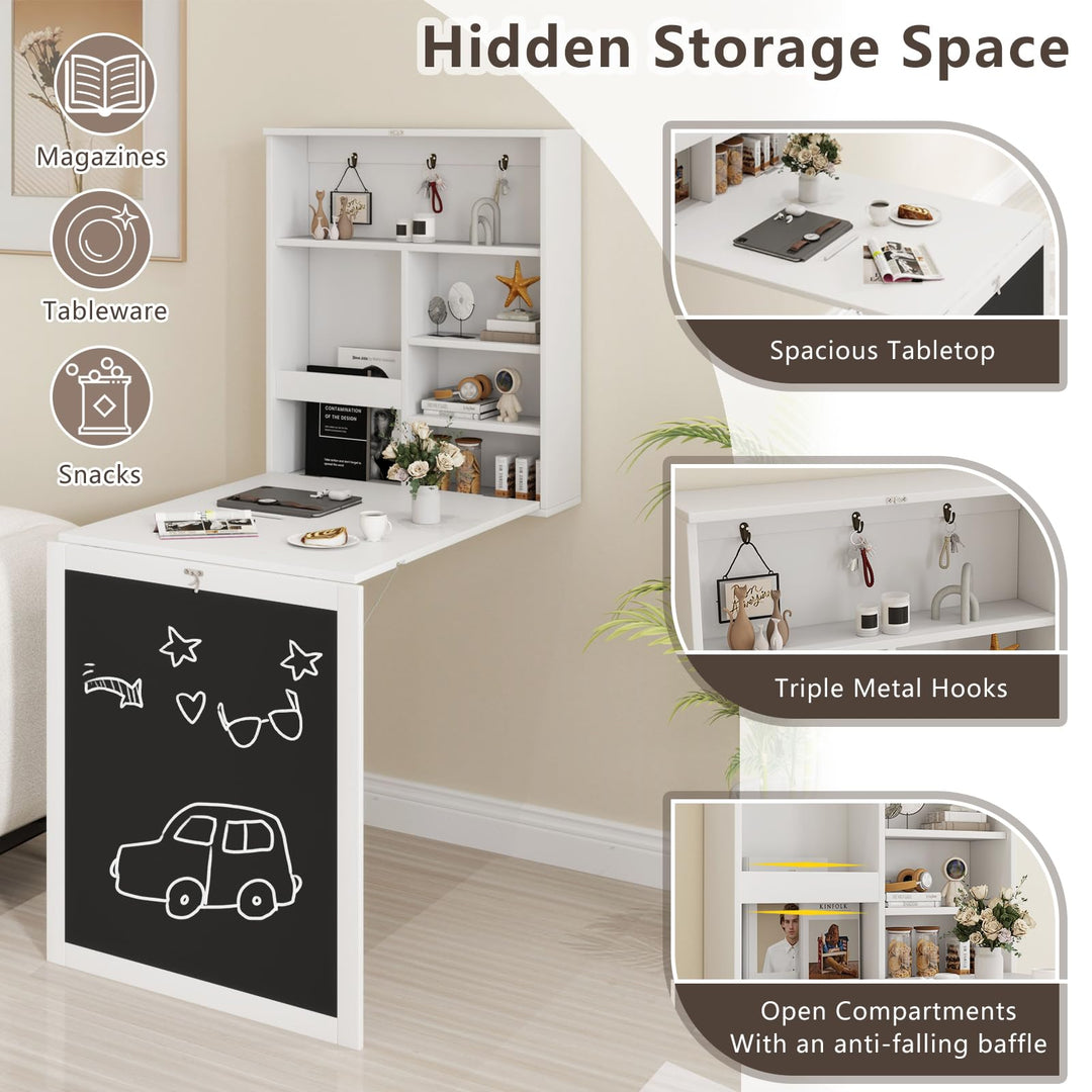 Giantex Foldable Wall Mounted Desk with Storage Shelves Hooks &amp; Chalkboard