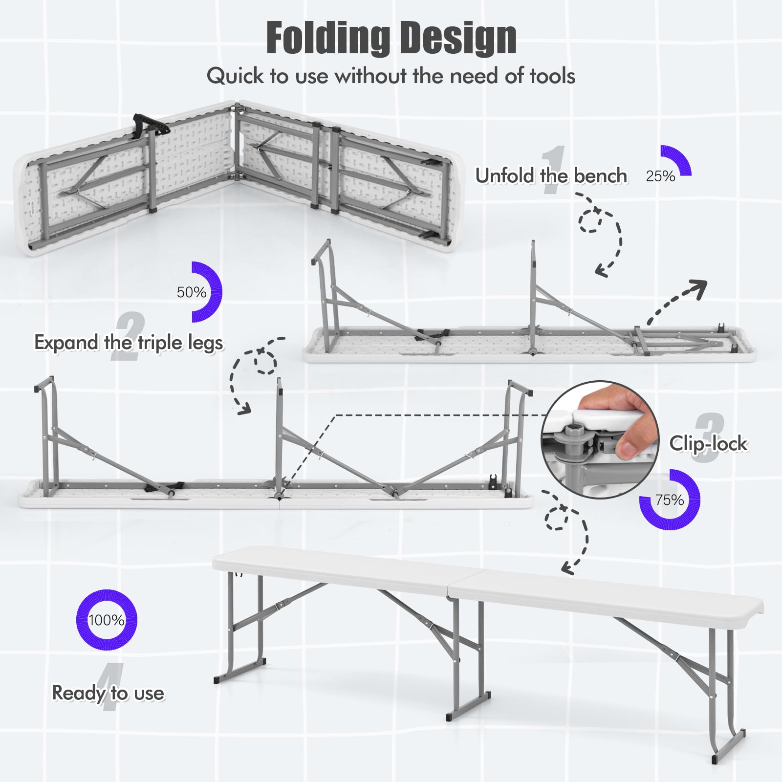 Giantex 6 Feet Plastic Folding Bench, Portable Picnic Seat for BBQ Party Camping Dining, HDPE Top