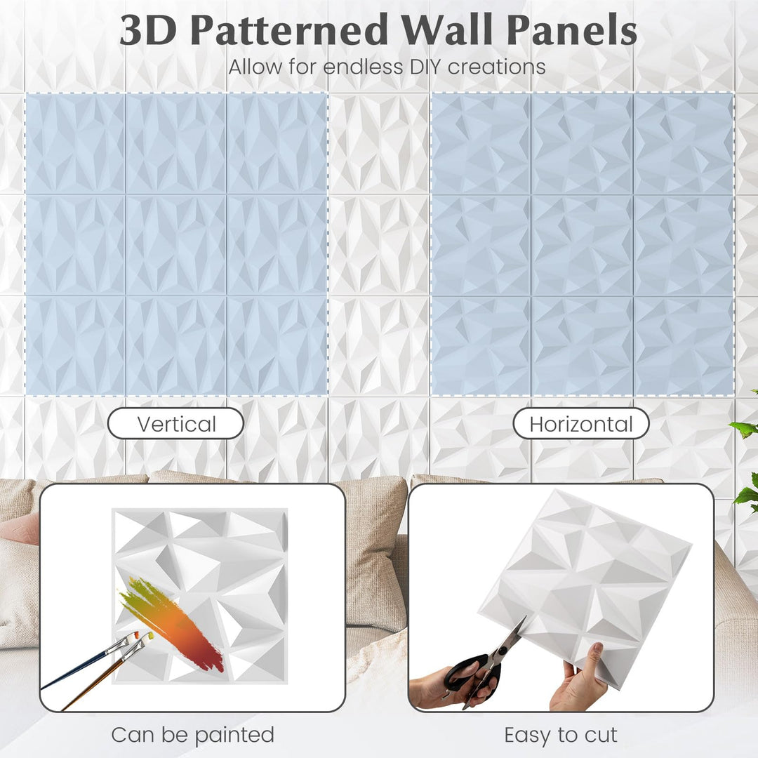 Giantex 50/100 Pack 3D Wall Panels, 12"x12" White PVC Decorative Wall Tiles