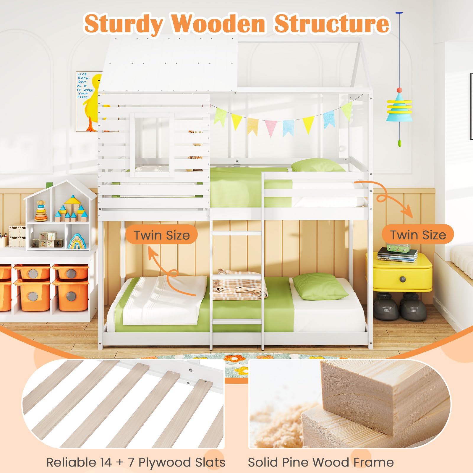 Giantex White Wood Bunk Bed Twin Over Twin with Ladder and Guardrail
