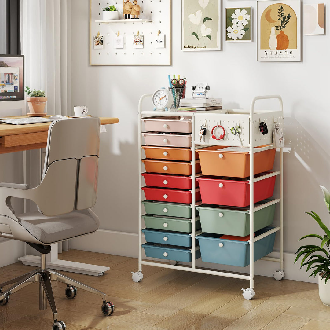 Giantex 14 Drawer Storage Cart | Rolling Craft Cart with Metal Tabletop &amp; Pegboard