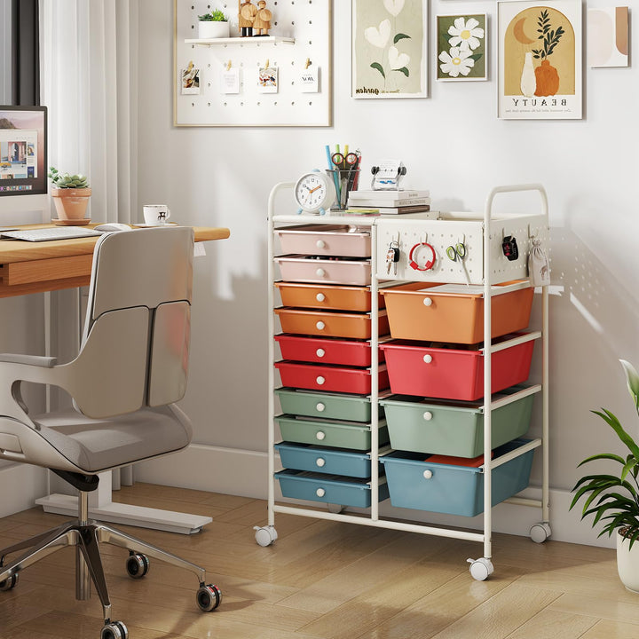 Giantex 14 Drawer Storage Cart | Rolling Craft Cart with Metal Tabletop &amp; Pegboard