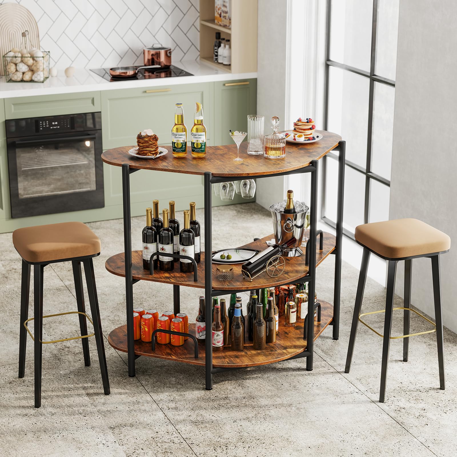 Giantex 3-Tier Bar Table, Corner Bar Cabinet, Liquor Home Bar Unit with Stemware Racks & Storage Shelves