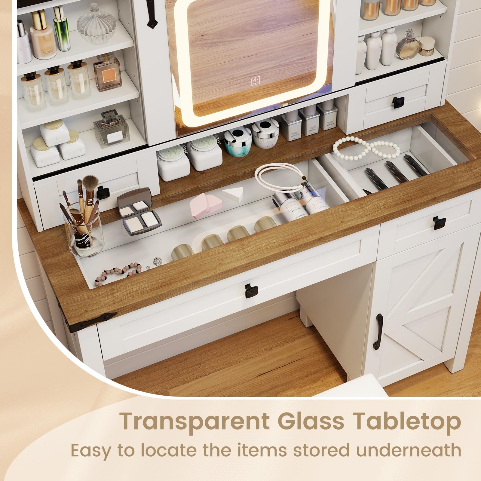 CHARMAID Farmhouse Vanity Desk with Barn-Style Sliding Mirror, Lights & Stool (42" Wide,White & Brown)