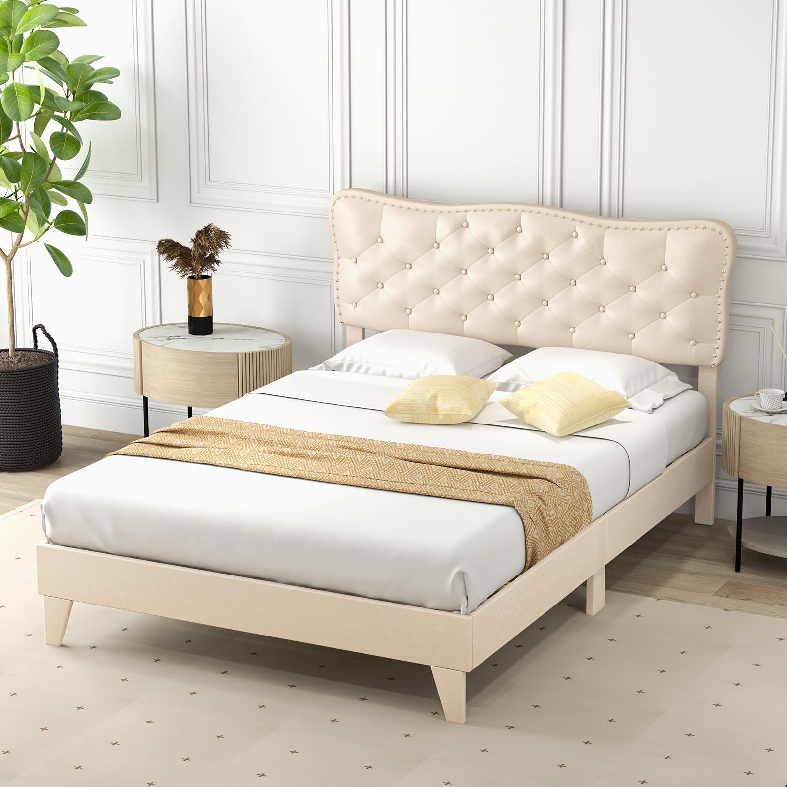Giantex Full Size Bed Frame Beige, Linen Fabric Upholstered Platform Bed Frame with Nail Headboard