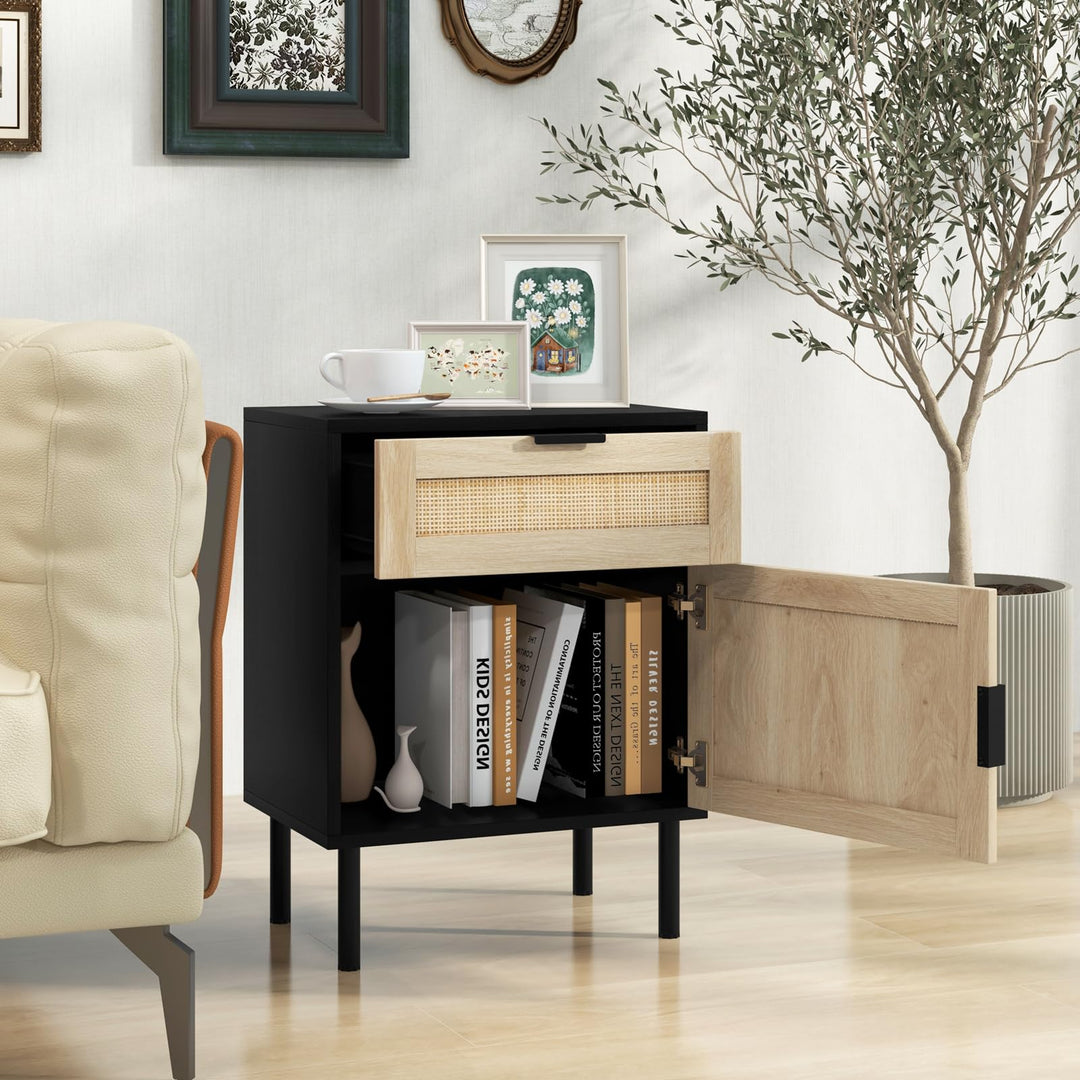 Giantex Rattan Nightstand Set of 2, Mid Century Modern End Table with Drawer & Cabinet, Sofa Side Table with Sturdy Metal Legs