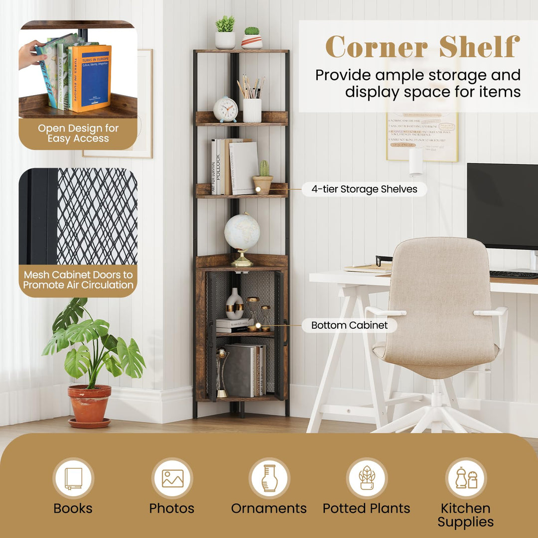 Giantex 6-Tier Corner Shelf 67 Inches Tall Corner Bookshelf with Cabinet Industrial Bookcase