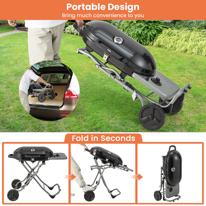Giantex Gas Grill, Portable Propane Grill with 15,000 BTUs Burner, Side Table, 2 Wheels, Grease Tray