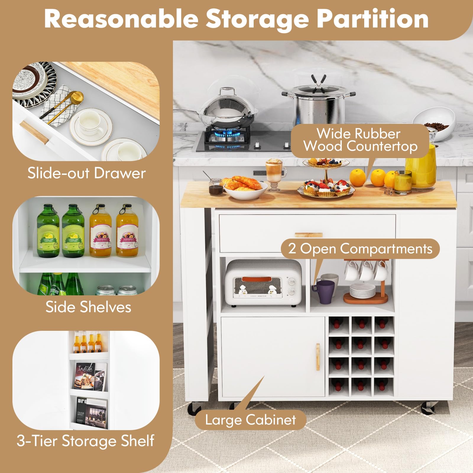 Giantex Mobile Kitchen Island Cart - 2-in-1 Reversible Serving Cart Bar Table Combo, White