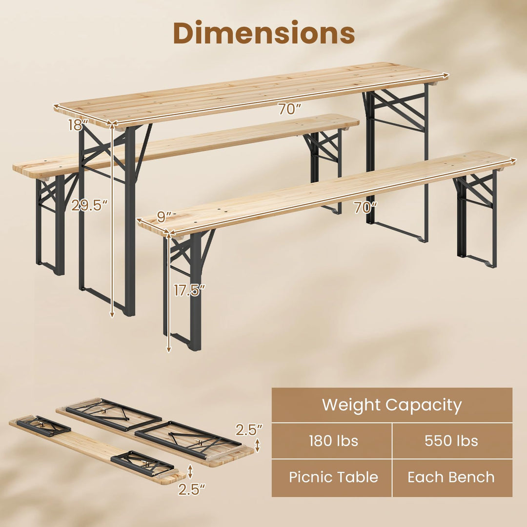 3-Piece Folding Picnic Table with Benches Set (70&