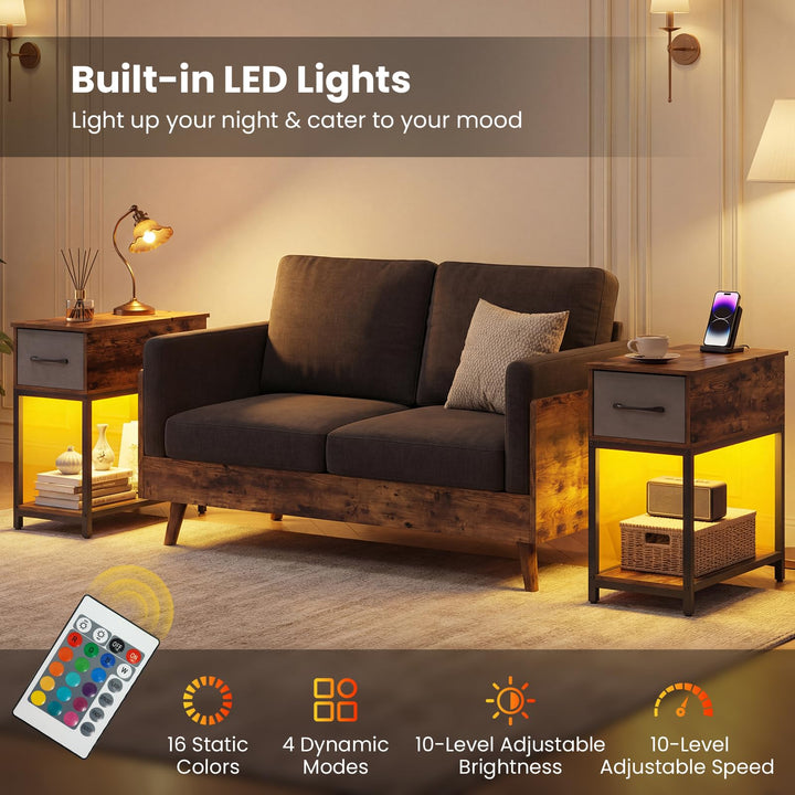 Giantex Narrow Side Table with Charging Station and LED Lights Industrial End Table