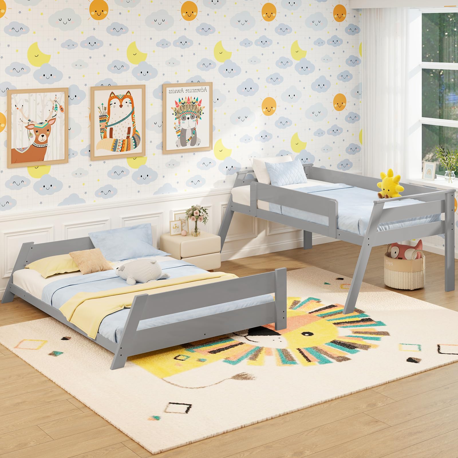 Giantex Wood Bunk Beds Twin Over Full Size, Solid Wood Floor Low Bunk Bed w/Removable Ladder