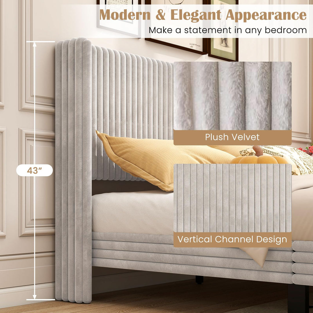 Giantex Queen Velvet Bed Frame Upholstered Platform Bed with Vertical Tufted Wingback Headboard