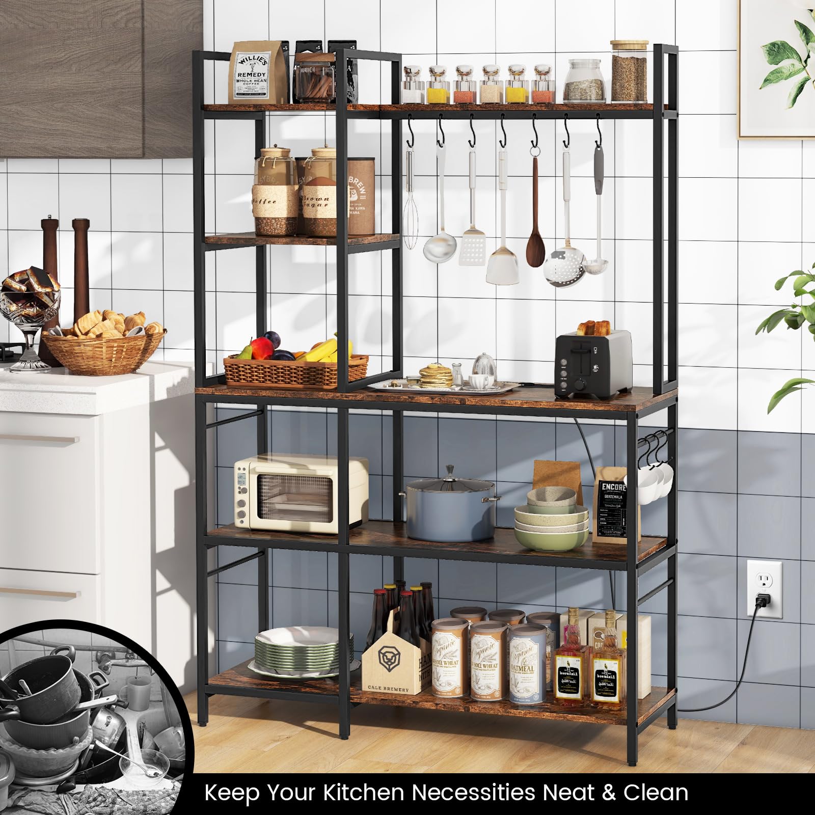 Giantex Bakers Rack with Power Outlets, 5-Tier Coffee Bar Table Organizer w/ 10 S-Shaped Hooks, 63" Large Microwave Stand