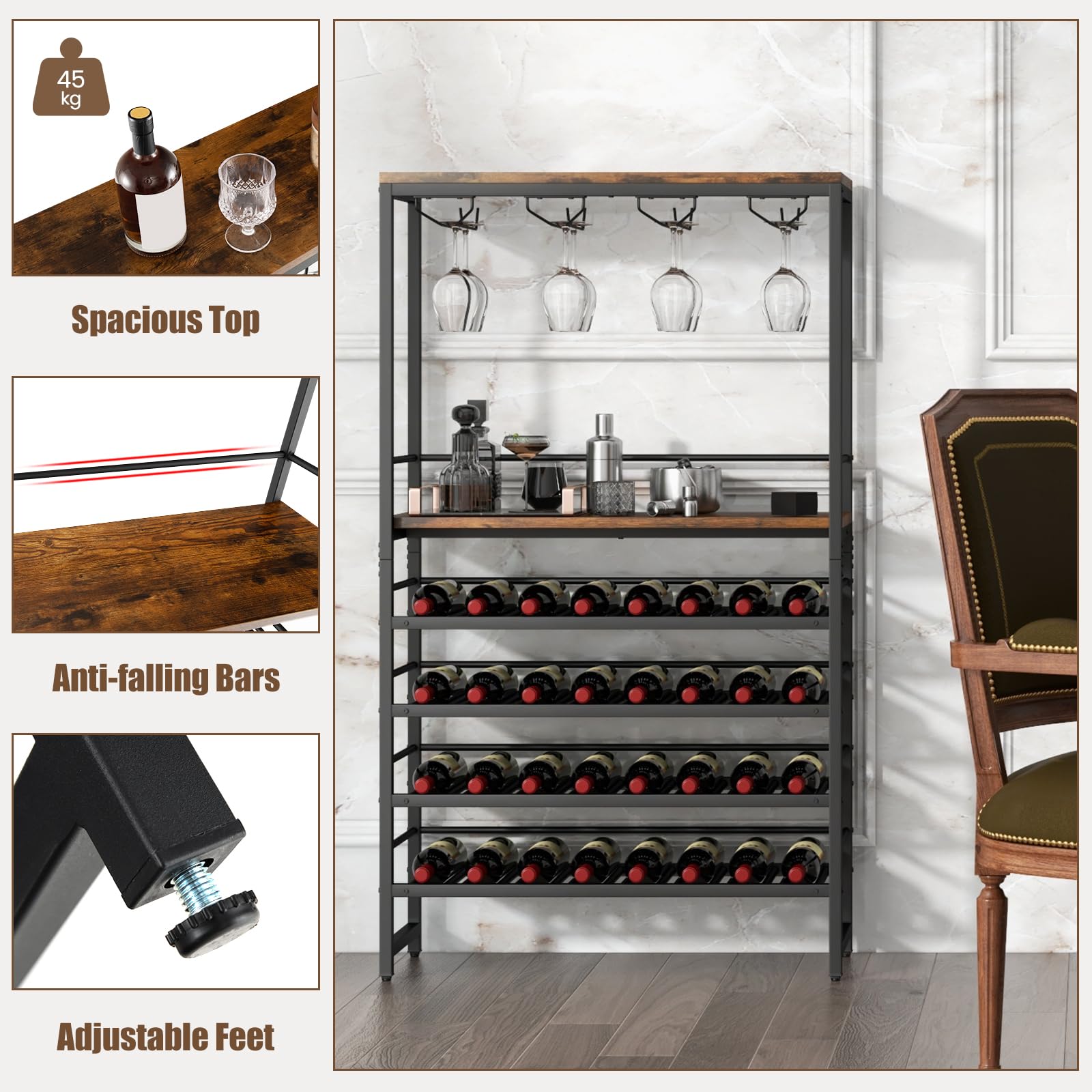 Floor Wine Rack w/ 4-Tier Wine Storage & 4 Rows of Stemware Racks