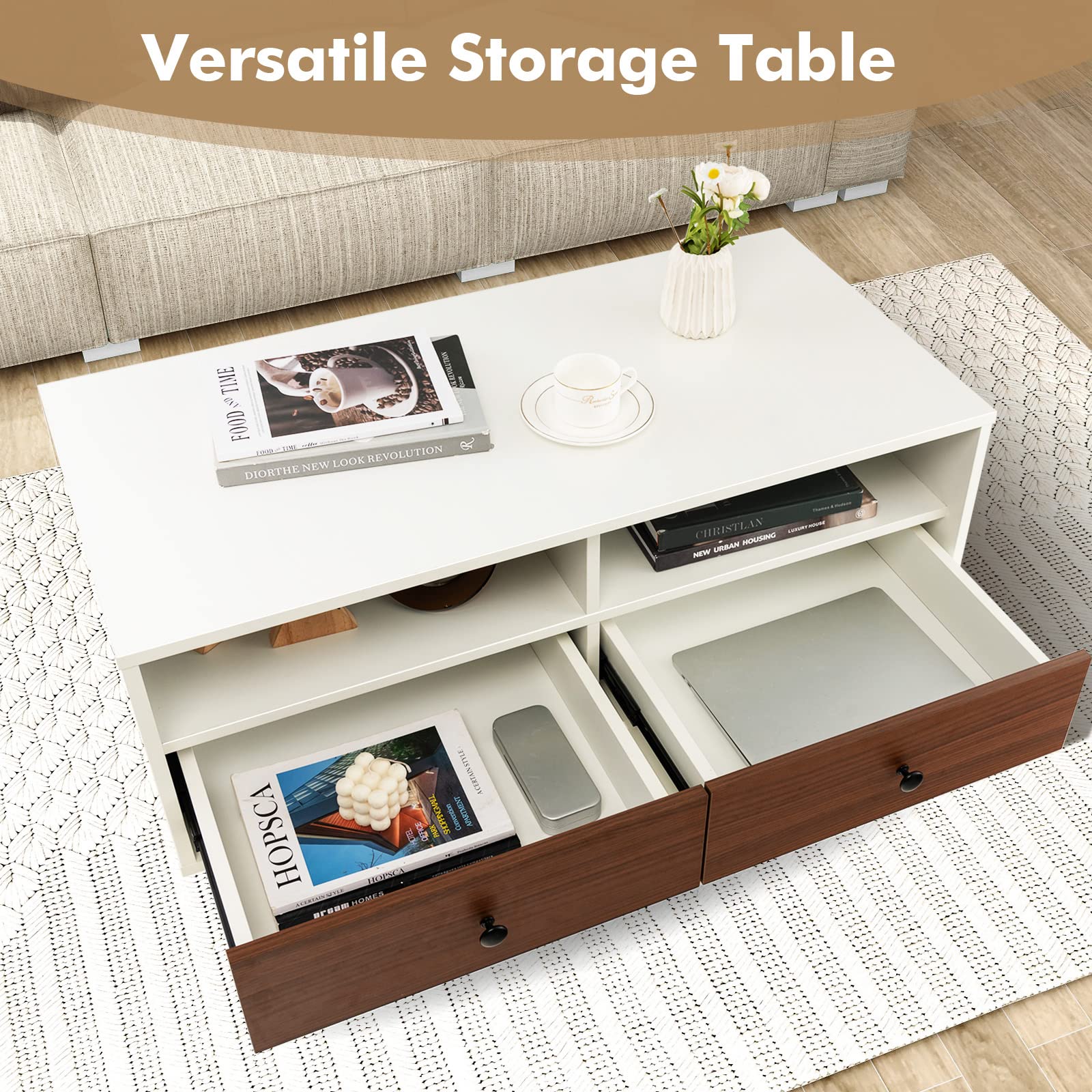 Giantex Rectangular Coffee Table with Storage, 2 Tier Wood Tea Table with 2 Drawers