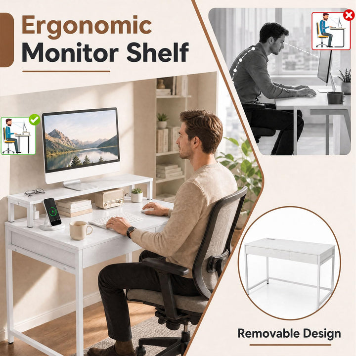 GIANTEX Computer Desk with Power Outlets &amp; Removable Monitor Shelf