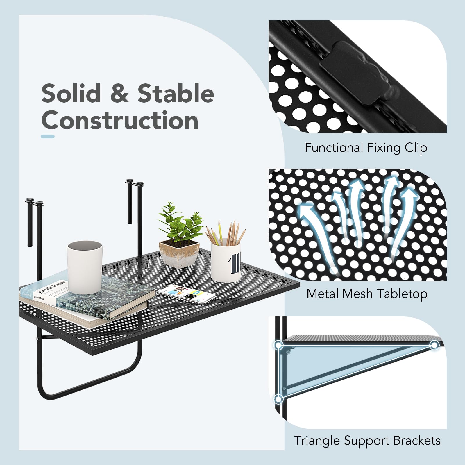 Giantex Balcony Table, Folding Outdoor Side Table for Railings Up to 2.4" Thick, Space-saving Railing Serving Table with Metal Frame