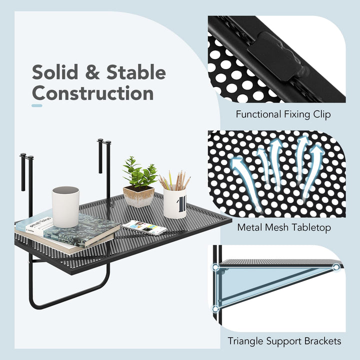 Giantex Balcony Table, Folding Outdoor Side Table for Railings Up to 2.4" Thick, Space-saving Railing Serving Table with Metal Frame