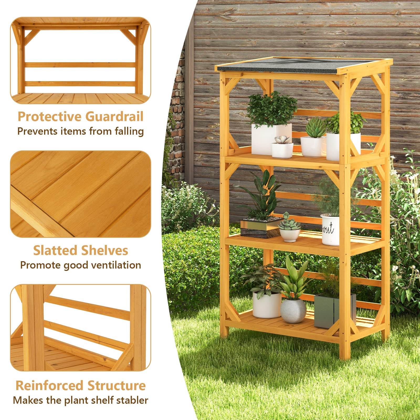 Giantex Plant Stand with Roof - 54'' Outdoor Storage Shelves, 3-Tier Wooden Plant Rack with Weatherproof Asphalt Roof
