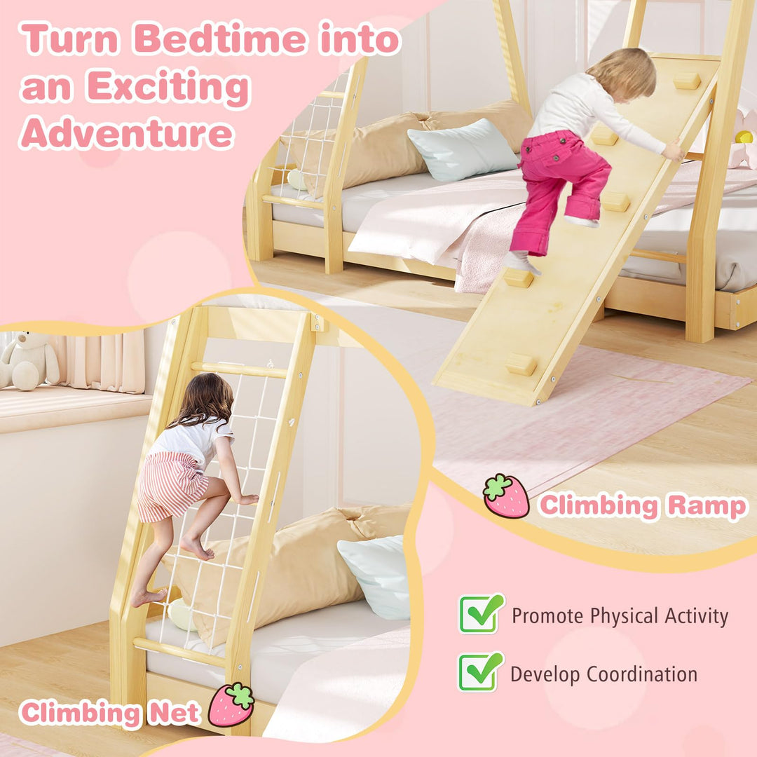Giantex Twin Over Queen Bunk Bed, Wood House Bunk Bed for Kids with Climbing Nets and Ramp