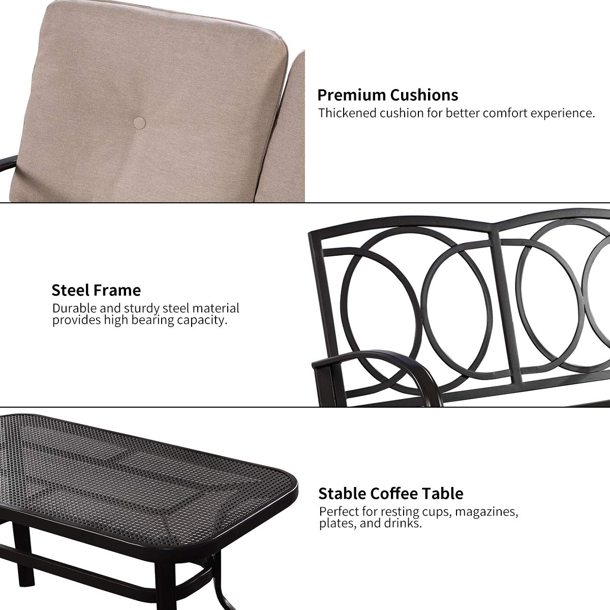 2 Pcs Patio Loveseat with Coffee Table Outdoor Bench with Cushion and Metal Frame(Beige & Black)