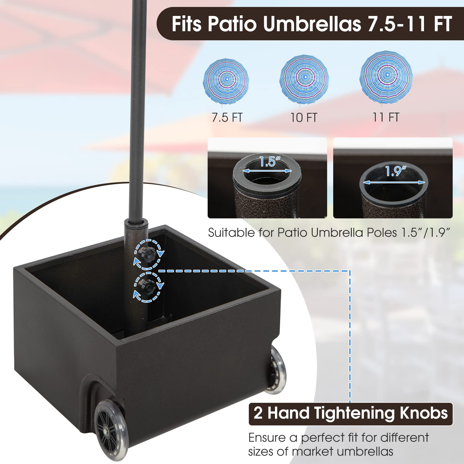 Giantex 150lbs Filled Umbrella Base with Wheels, Heavy Duty Umbrella Stand with Fillable Planter, Drainage Holes, Fit for 1.6''-2.1'' Pole