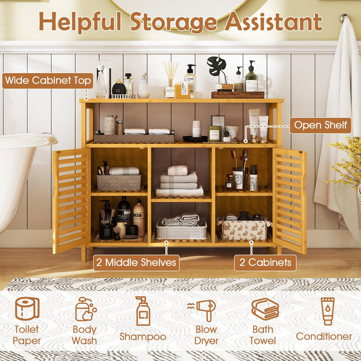 Giantex Bamboo Bathroom Storage Cabinet 2-Door Storage Organizer with Shelves