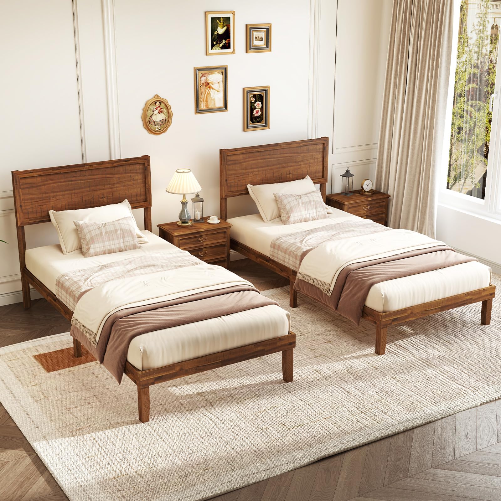 Giantex Wood Bed Frames with Headboard, Mid Century Modern Platform Bed