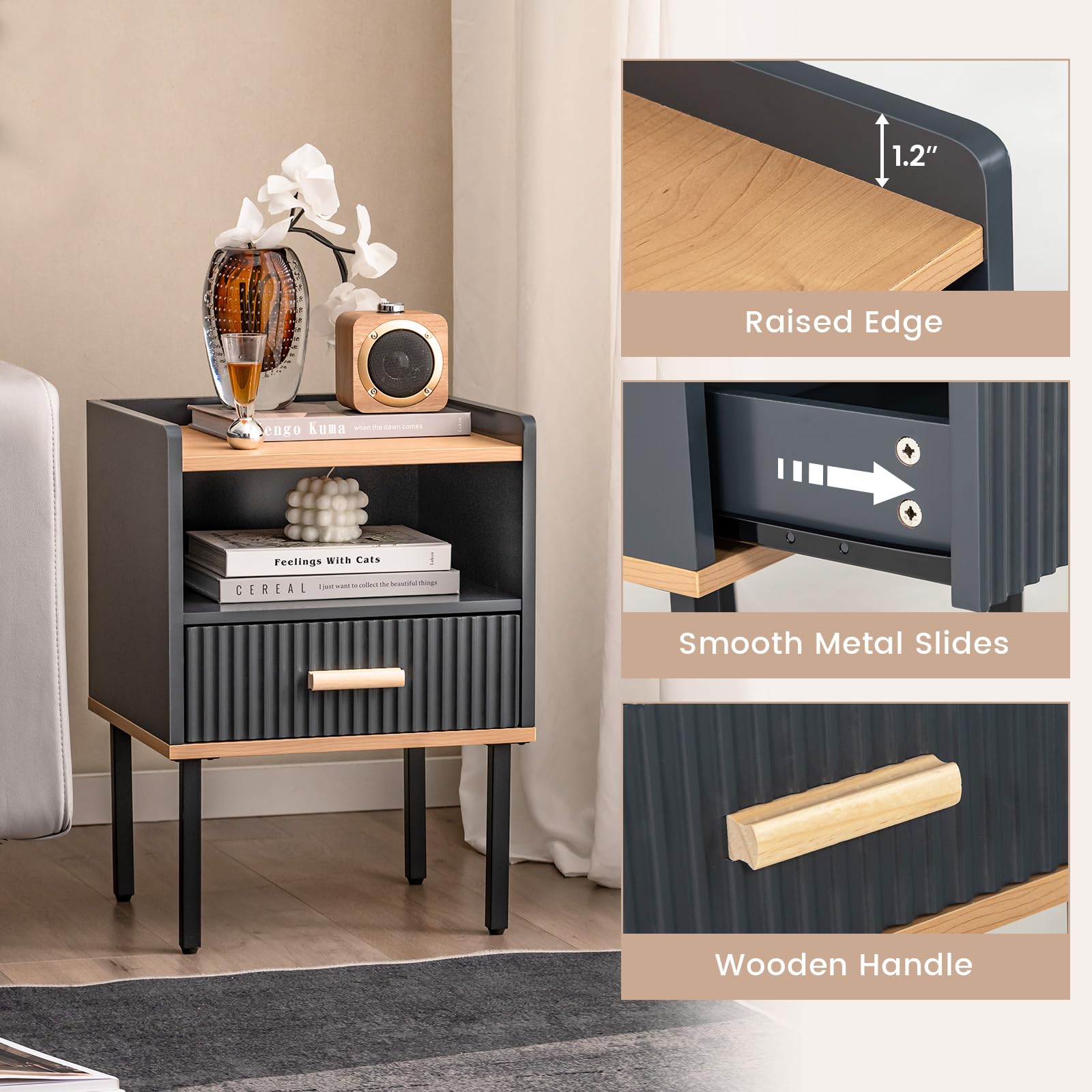 Giantex Modern Nightstand with Drawer - Bedside Table with Open Shelf, Gray