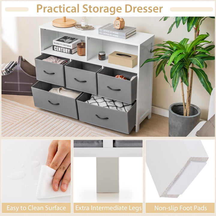 Giantex Storage Cabinet with 5 Drawers & 2 Cube Shelves, Chest of Drawers, Console Table, White & Grey