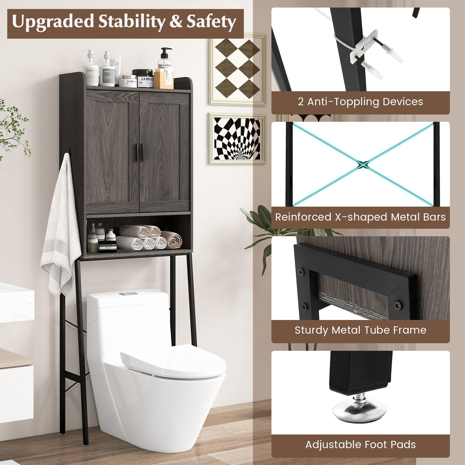 Giantex Over The Toilet Storage Cabinet, Industrial Bathroom Organizer w/Trapezoid Metal Frame