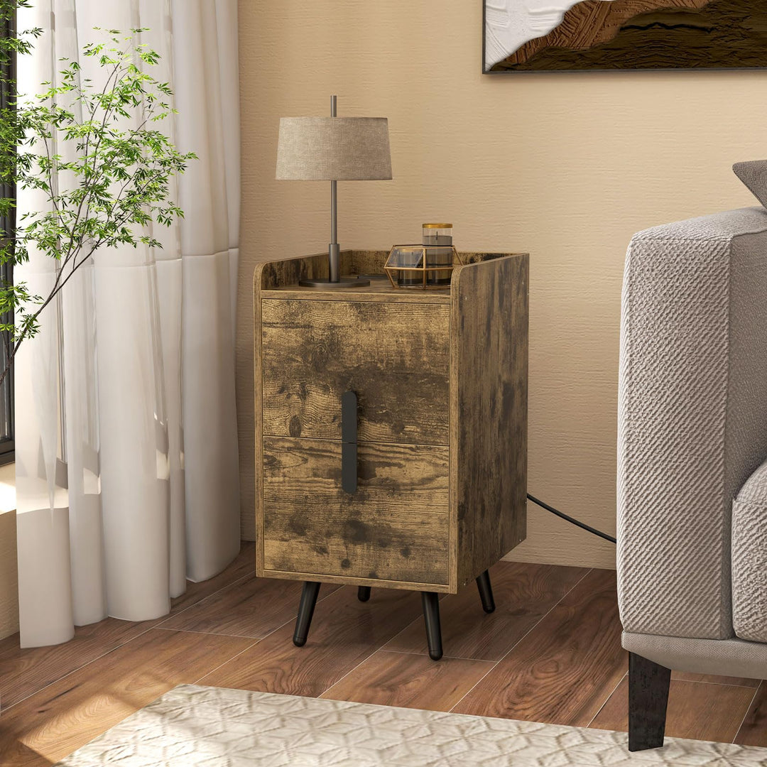Giantex Nightstand with Charging Station, Narrow End Table with 2 Drawers & Metal Gold Legs
