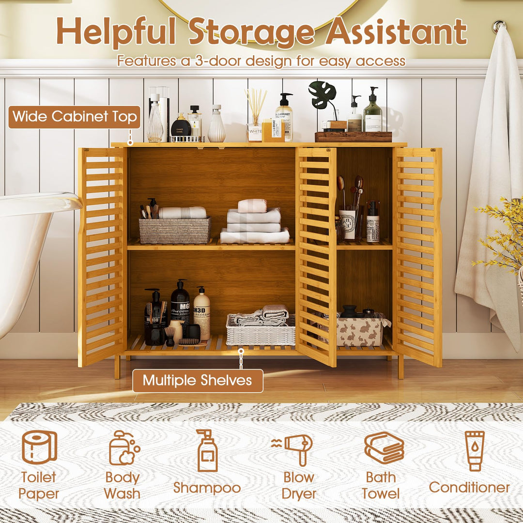 Giantex Bamboo Bathroom Storage Cabinet 3-Door Storage Organizer with Shelves