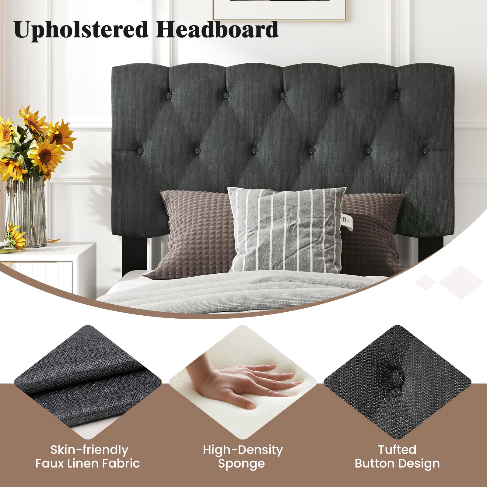 Modern Upholstered Platform Bed Frame with Diamond Tufting Headboard