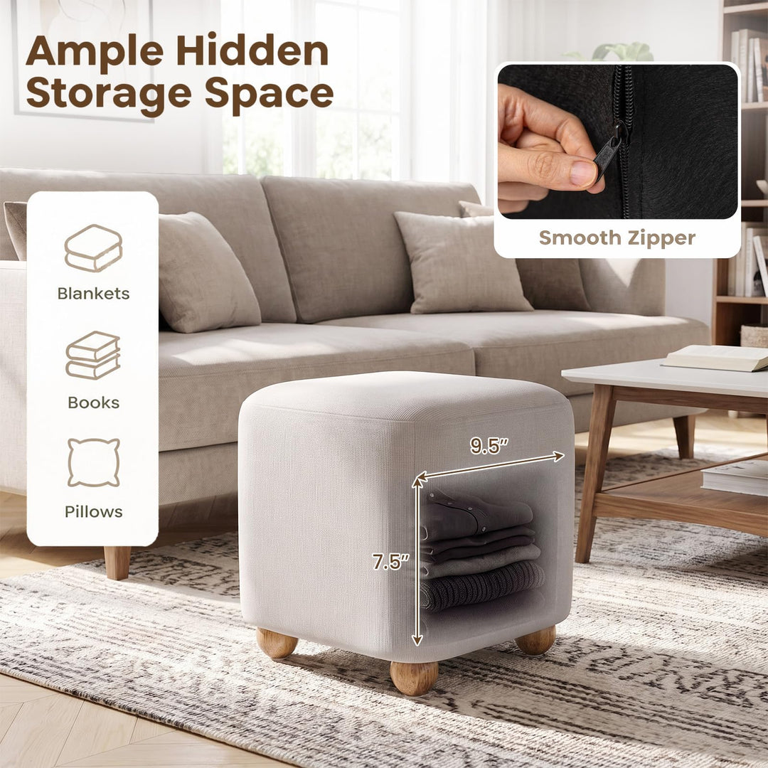 GIANTEX Linen Fabric Square Storage Ottoman with Solid Wood Legs