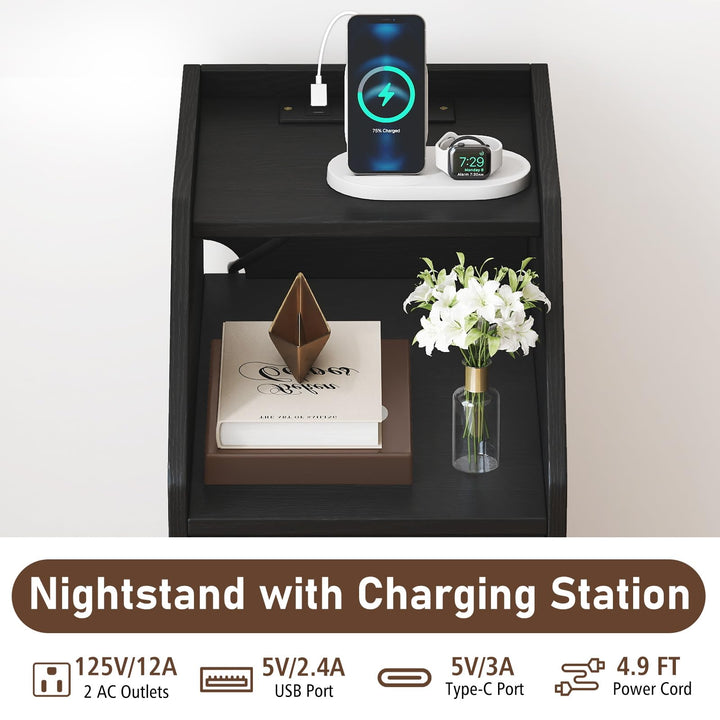 Giantex Side End Table with Charging Station Sofa Couch Table with Shelf Drawers