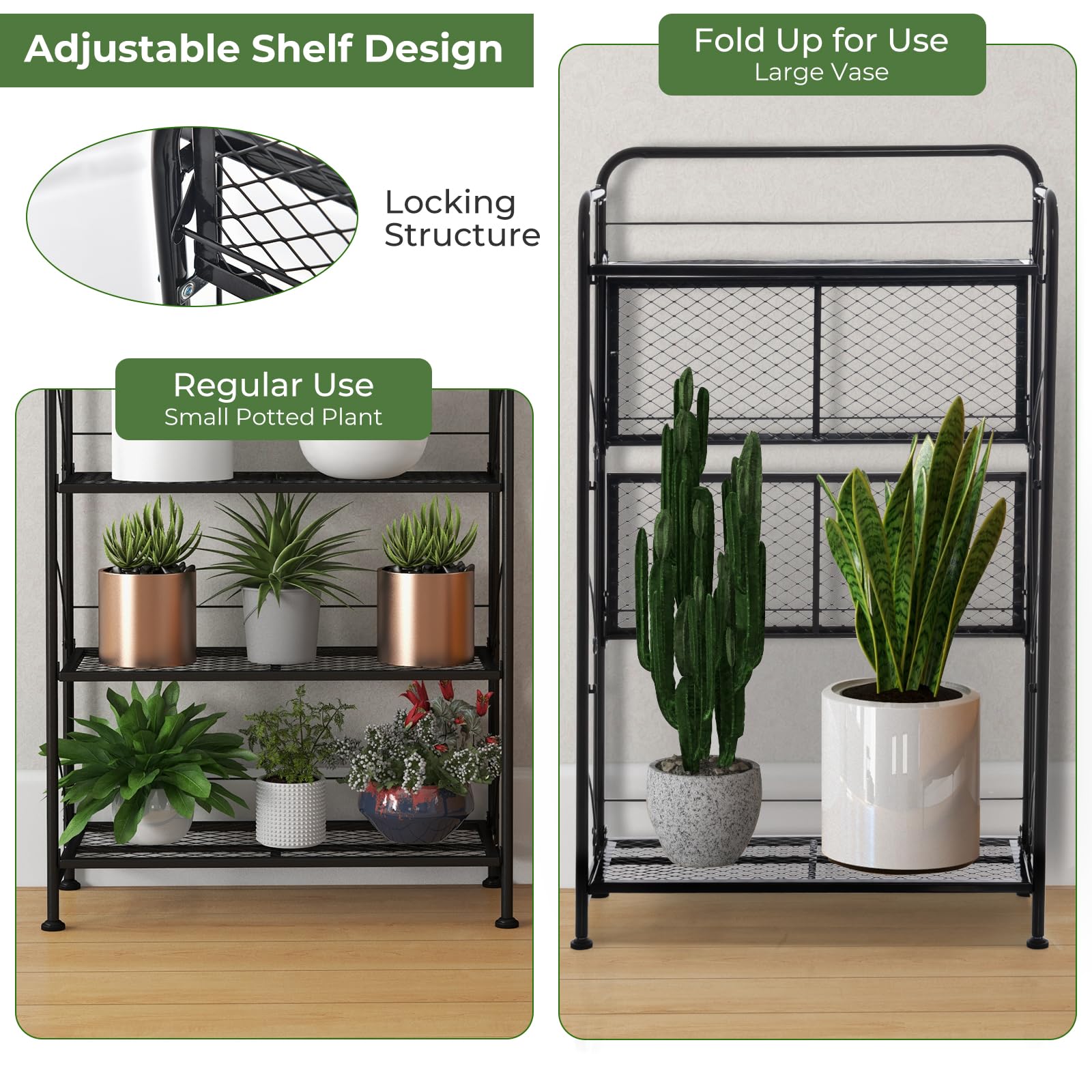 Giantex Folding Plant Stand, 4-Tires Collapsible Plant Rack with Adjustable Shelf, Black